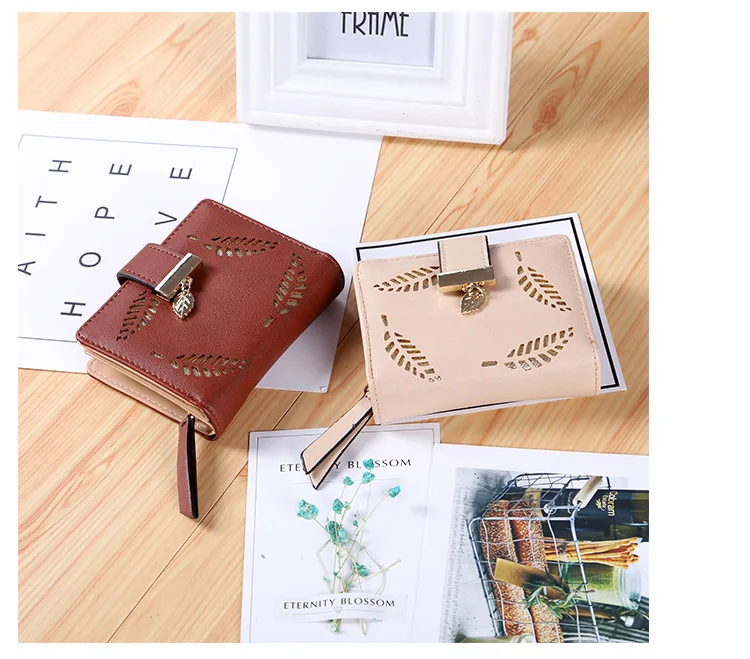 New Women Wallets Short Wallet Ladies Zipper Buckle Hollow Leaf Purse Wallet Female Women Zipper Purse Card Holder Cartera Mujer