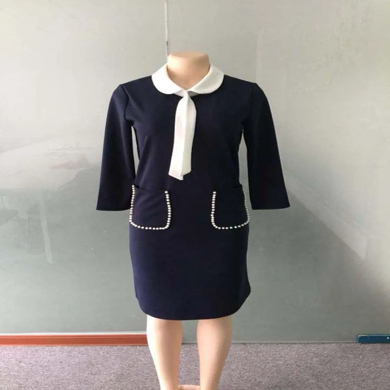 

Elegant African Formal OL Dresses Women Solid Sailor Collar Pocket with Pearl Offer Ladies Dress Commute Workwear Africa Garment