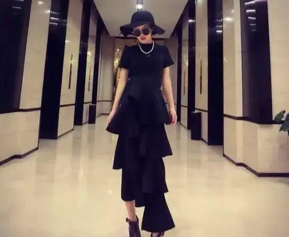 Женская Асимметричная длинная юбка черная хлопковая с оборками 2017|fashion long skirt|long