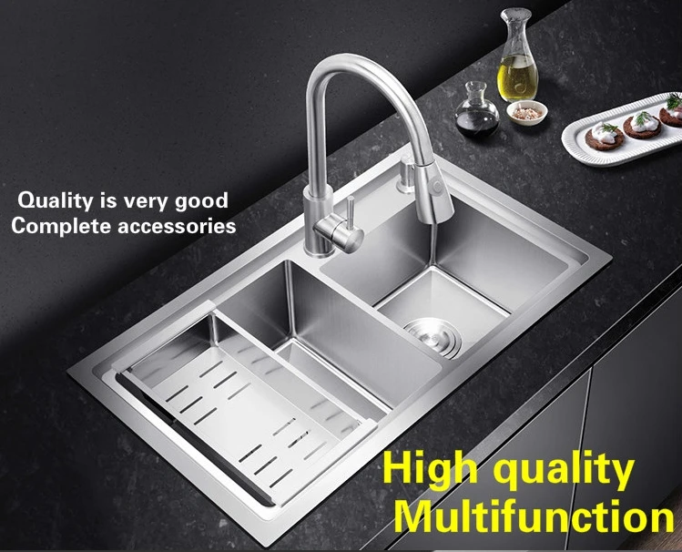 Free shipping Apartment big kitchen manual sink double groove do the dishes 304 stainless steel high quality hot sell 82x45 CM |