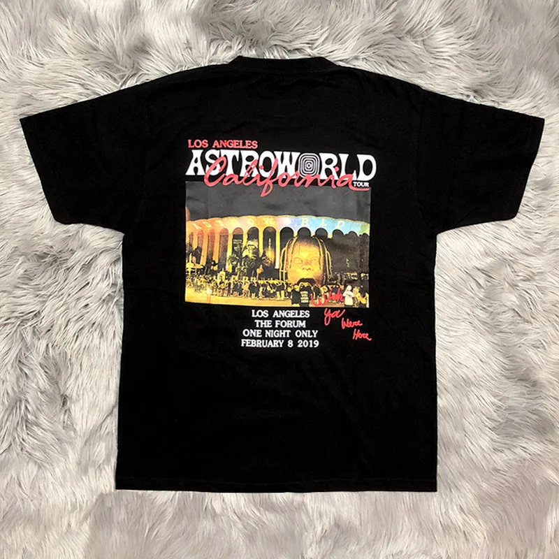 Футболка с изображением Трэвиса Скотта ASTROWORLD LA Forum Los Angeles Tour с коротким рукавом 1:1 Высокое качество Мужская и женская футболка в стиле хип-хоп ASTROWORLD