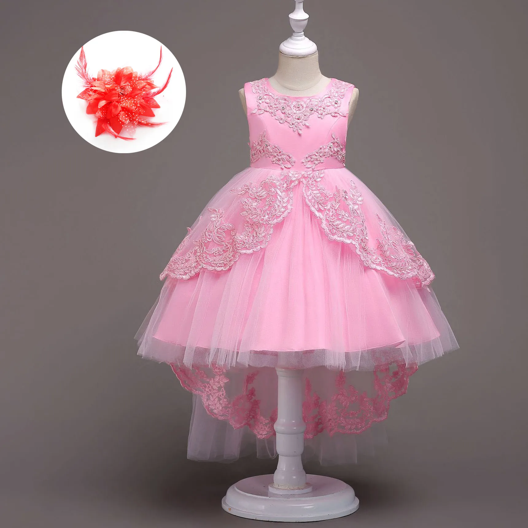 Childrens Birthday Clothing Girl Ruffle Lace Flower Girls Wedding Dress Short Front Long Back Pink Red Light Blue White | Детская одежда