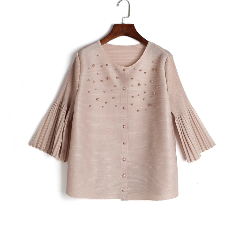 apricot Changpleat, дизайнерское Женское пальто с бусинами, плиссированное,, летнее, свободное, тонкое, одноцветное, с рукавом 3/4, короткая женская куртка размера плюс, верхняя одежда - Цвет: apricot