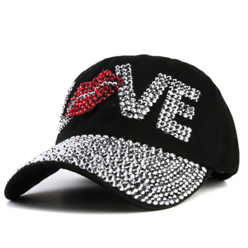Love rhinestone crystal Hat women Denim baseball cap Vintage Female Sexy lips jean hats Point drill pearl cowboy caps RC1062