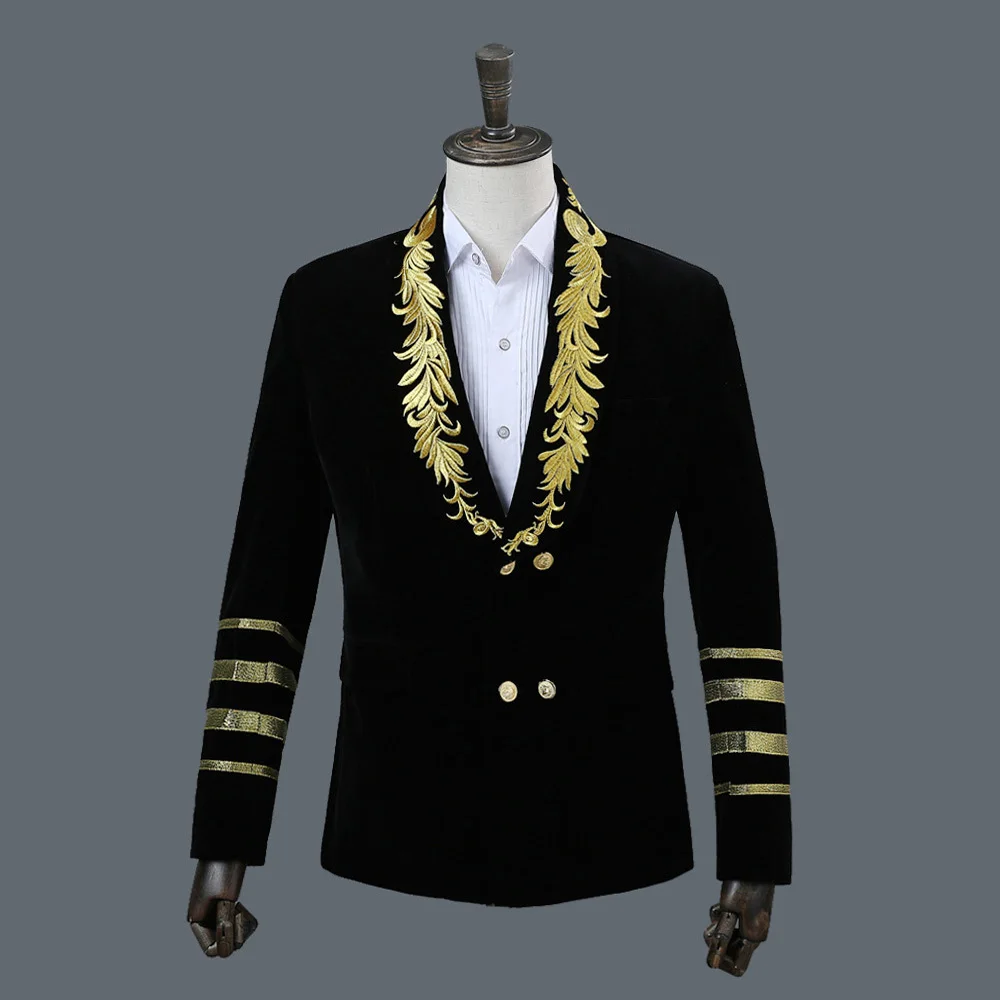 black jacket PYJTRL для мужчин шаль воротник Королевский синий замши вышивка свободный костюм куртка сценическое шоу певец двубортный блейзер дизайн - Цвет: black jacket