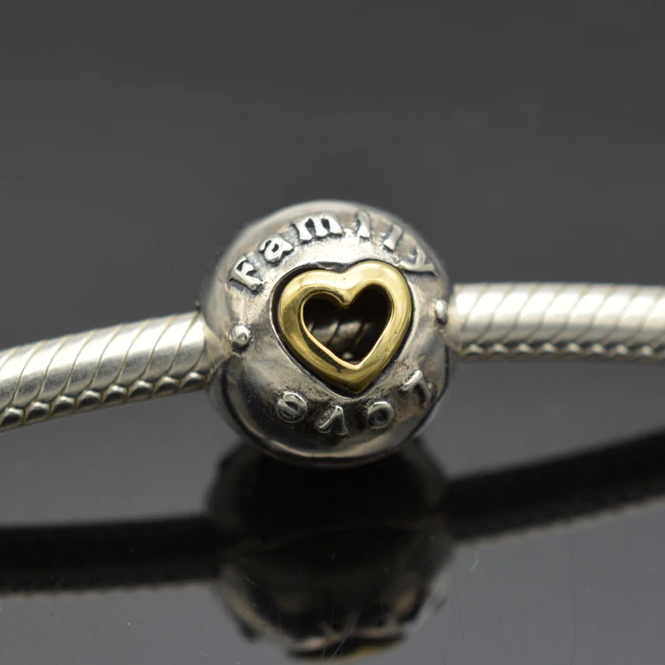 925 Sterling Silver FAMILY LOVE Clip with 14K Gold Hearts Charms Family Beads diy Bracelets Bangles Accessories | Украшения и