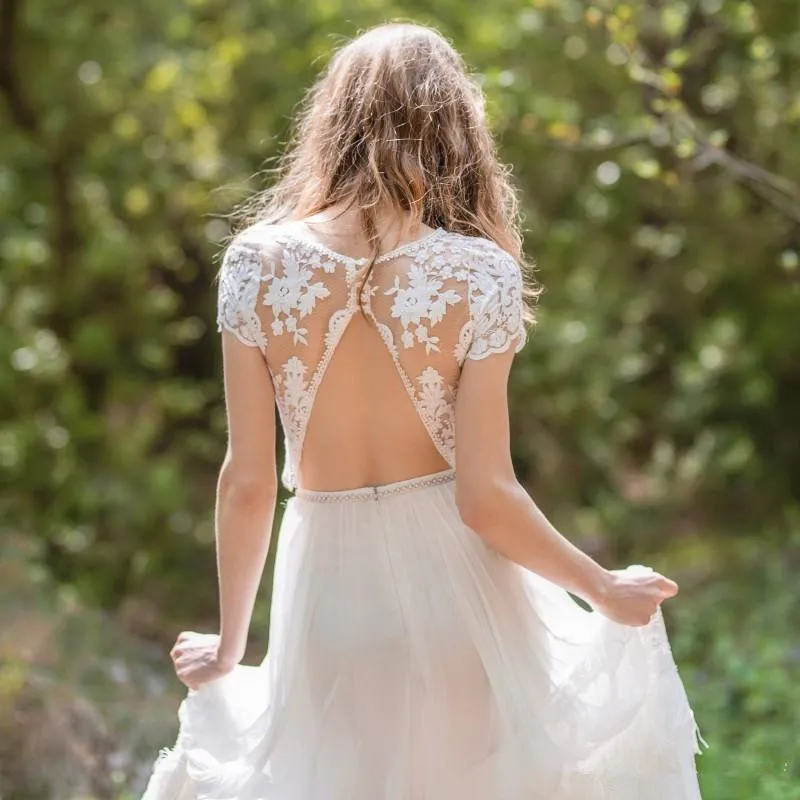 Кантри Стиль Boho кружево свадебное платье Vestido De Novia из двух частей короткий рукав Свадебные платья Sheer летние свадебные платья