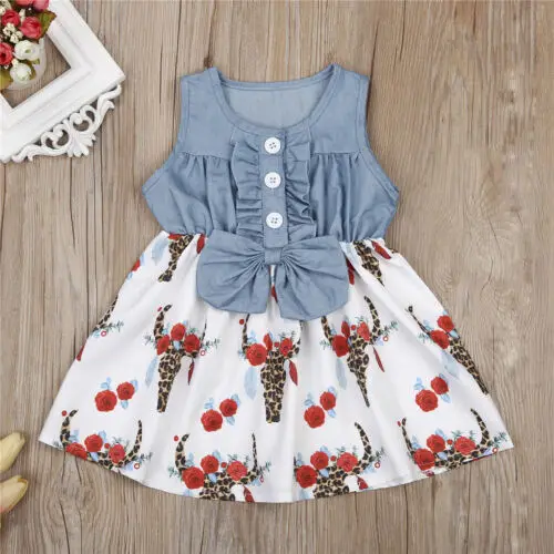 Summer Kid Baby Girl Sleeveless Denim Floral Ruffle Dresses Princess Party Patchwork Dress | Мать и ребенок