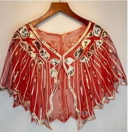 Red Golden String Женские шарфы 1920s Хлопушка вышивка Шаль с бахромой накидка Гэтсби Вечерние бисером накидка с пайетками винтажная Сетка шарф Обертывания для платья - Цвет: Red Golden String