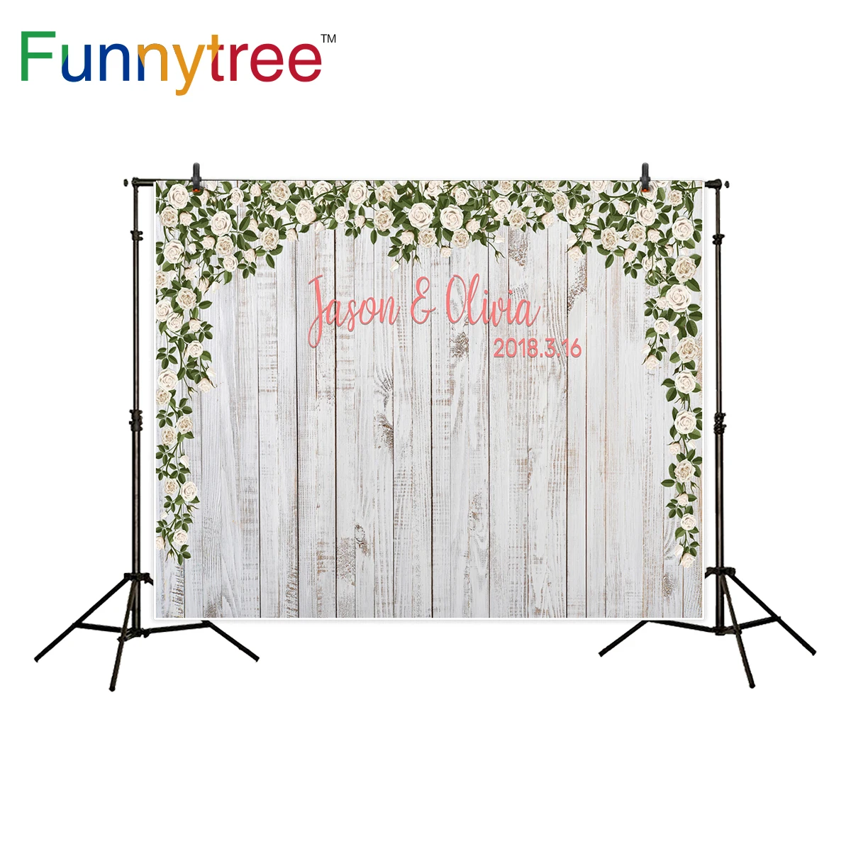 

Funnytree wood photo background photography wedding photocall flower wall backdrop decor custom name studio photozone photophone