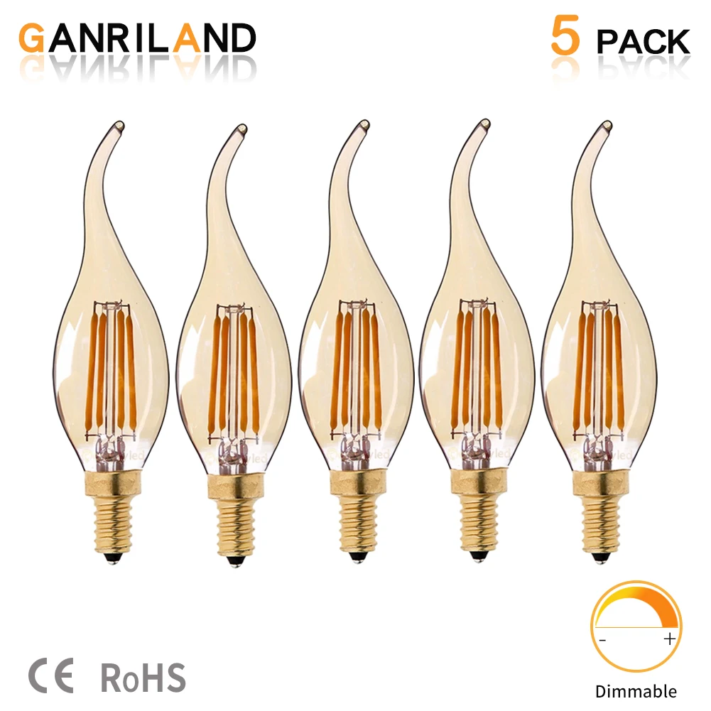 2200K 5pcs GANRILAND светодиодный светильник E14 220V 4W C35 светодиодный Диммируемый свечи накаливания канделябры с изогнутым кончиком 30W - Испускаемый цвет: 2200K 5pcs