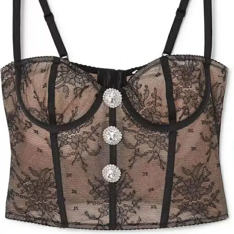 2019 Spring and Summer New Luxury Bright Diamond Button Decoration Sexy Lace Bottoming Waist Vest Top Women | Женская одежда