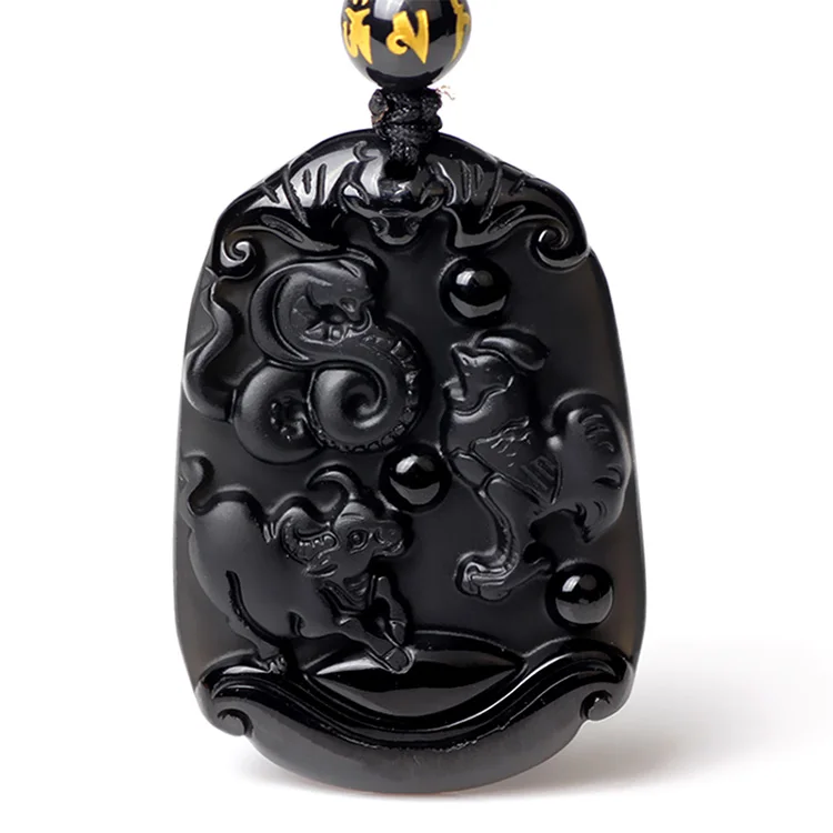 Прямая поставка натуральный черный обсидиан кулон резной китайский зодиак