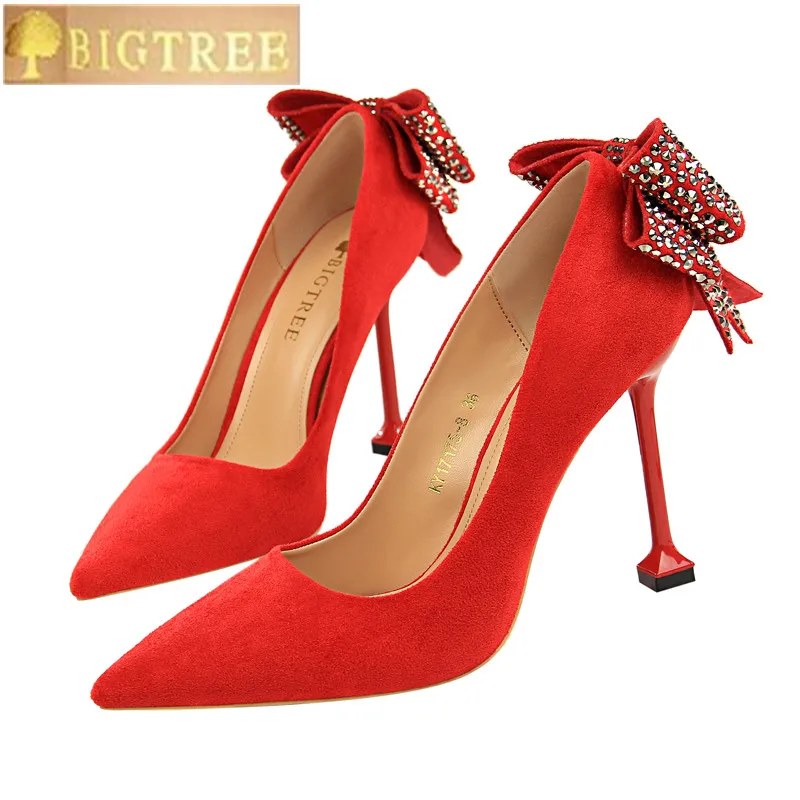 

Sexy Nightclub women pumps Fine with 9.5CM Thin High heel Suede Shallow mouth Pointed Rear Rhinestone Bow tie