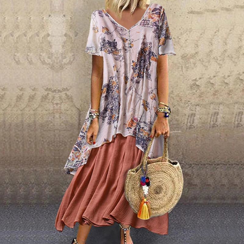 Свободное платье Летнее женское винтажное хлопковое и льняное с v образным