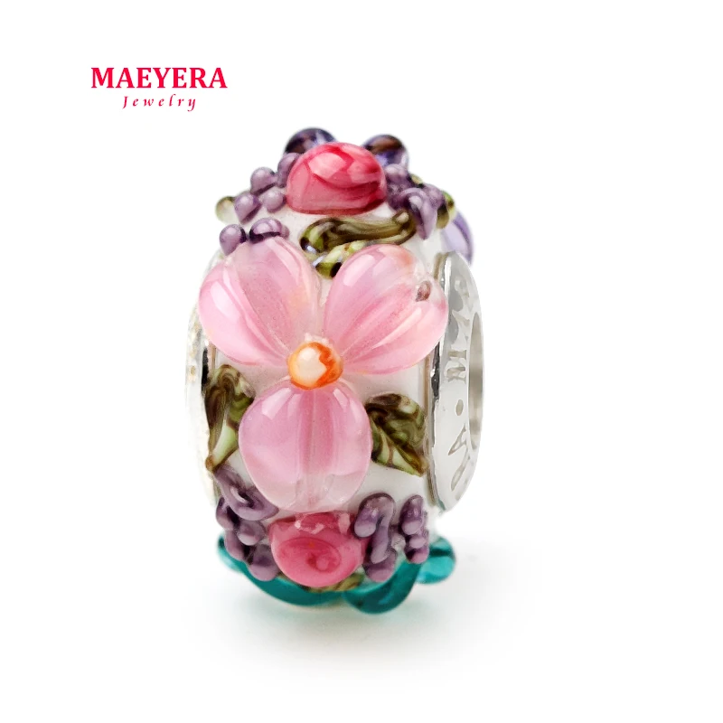 

MAEYERA Jewelry Real S925 Core Tricolor Flower Stereo Petals Murano Glass Beads Fit European Charm Jewelry 920347