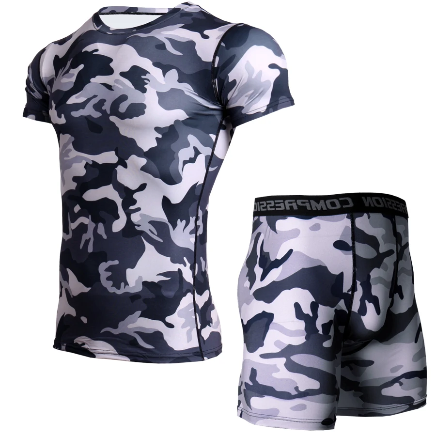 

Camouflage Fitness T Shirt Men Compression Set Bodybuilding Tshirt Short Leggings Quick Dry Rashguard Fitness Tops Gyms Clothes