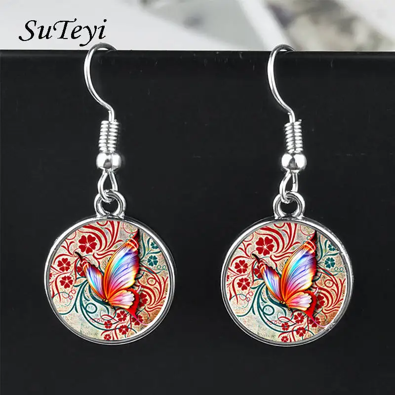 Богемные висячие серьги в виде бабочки винтажные круглые стеклянные купольные