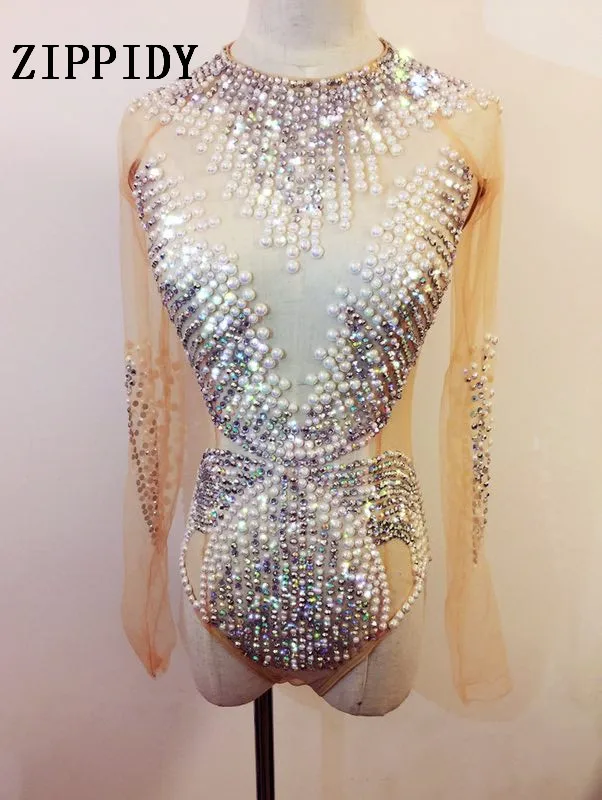 Боди с жемчугом и стразами Женский цельнокроеный стрейчевый костюм из сетки