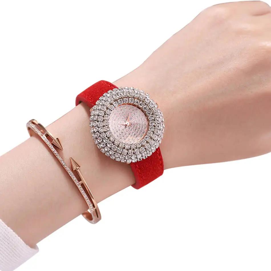 

Часы наручные женские кварцевые с браслетом со стразами, модные роскошные повседневные, с кожаным ремешком, подарок для женщин