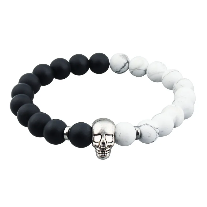 

HAWSON Metal Skull Bracelet with Black and White Tophus Stone Beads Bracelets Elastic Rope for Men or Women, Stone Bracelet