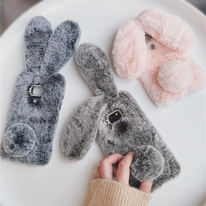 For Huawei P40 Pro Plus Lite E P30 P20 Bling Plush Bunny Phone Case Cute Fluffy Rabbit Hair Fur Cover Honor V20 20 V30 30S | Мобильные