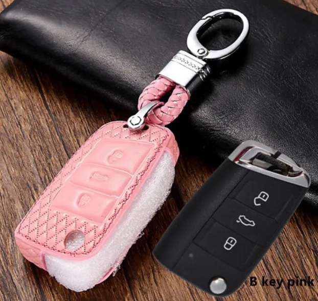 B key pink Автомобильный кожаный Футляр для ключей для VW MK7 Beetle Bora Golf Passat Polo Seat Altea Альгамбра Ibiza для Skoda Octavia A5 A7 Kodiaq - Название цвета: B key pink