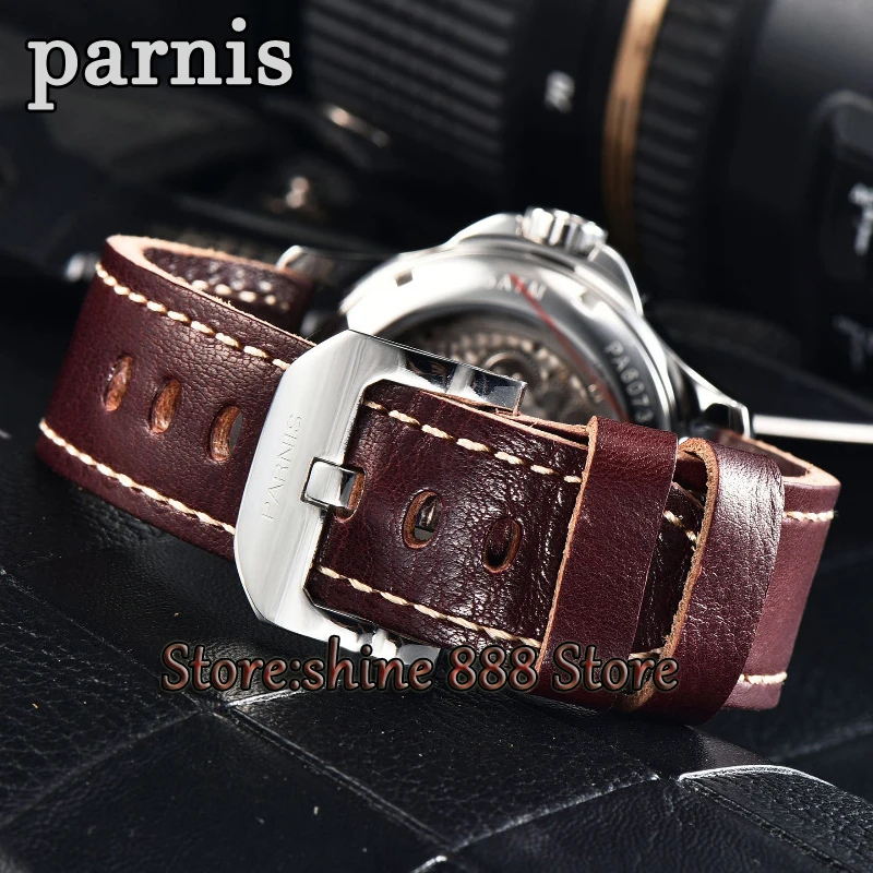 Мужские механические часы Parnis 44 мм запасная мощность стальной серебристый чехол