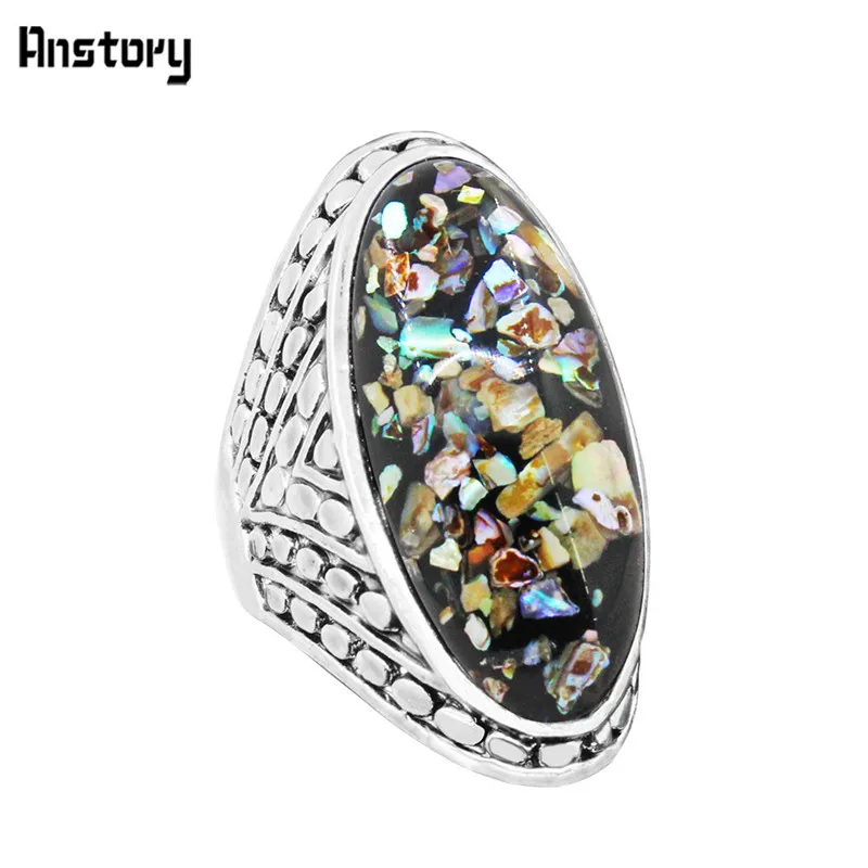 Большой овальный Shell бисера кольца для Для женщин Винтаж Античная Посеребренная