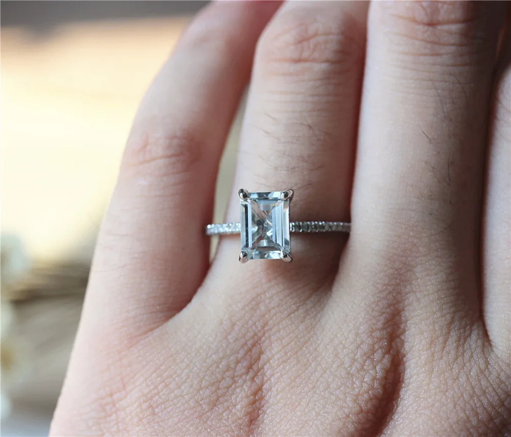 

DUPUY Hot Sale VS 6*8mm Emerald Cut White Topaz Engagement Ring Solitaire Stackable Gemstone Ring 14K White Gold Bridal Ring