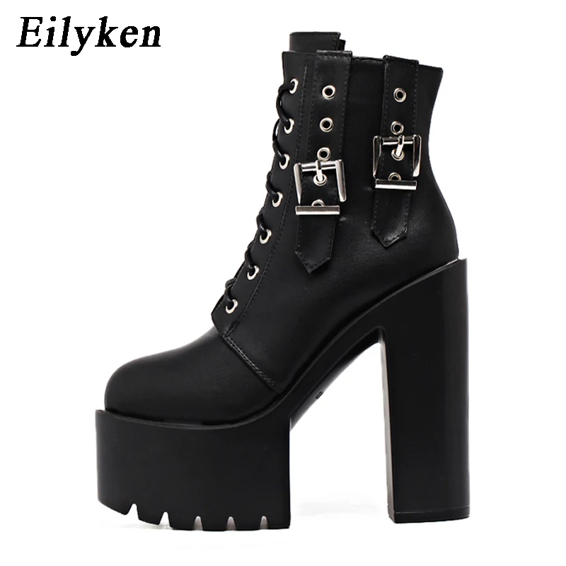 Eilyken; Новинка года; Модные осенние женские ботильоны на платформе; кожаные ботинки на шнуровке с пряжкой и ремешком; женская обувь черного цвета; ботинки в байкерском стиле