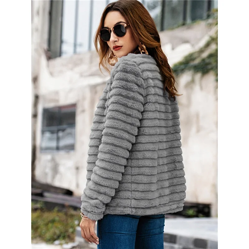 Sheinside, повседневное серое однотонное пальто из искусственного меха, плюшевое пальто, зимняя куртка для леди,, зимняя утепленная верхняя одежда для женщин, уличная одежда, пальто