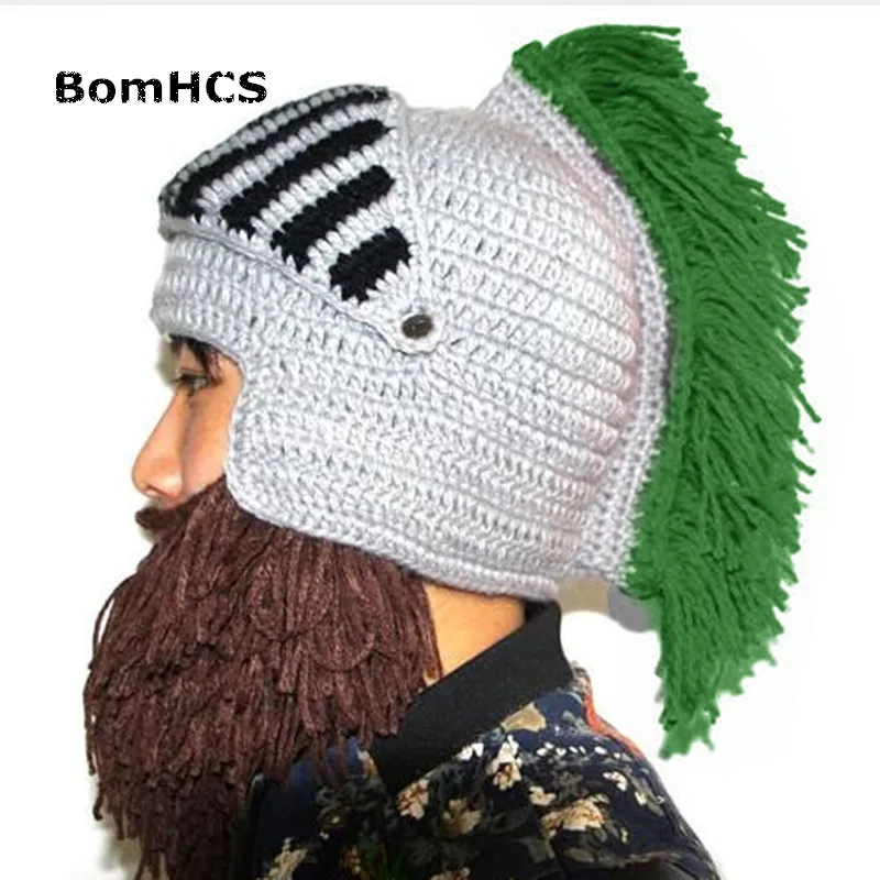GREEN TASSEL BomHCS забавные зимние теплые шапки с бородой для косплея Римский рыцарь вязаный шлем оригинальные варварские шапочки ручной работы мужские шапки - Цвет: GREEN TASSEL