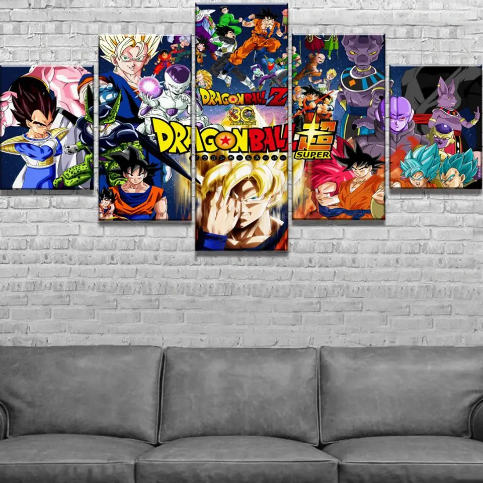 Lienzo pared arte cartel 5 piezas Dragon Ball Z Imagenes sala de estar модульный impreso dibujos animados Super Saiyan Goku pintur | Дом
