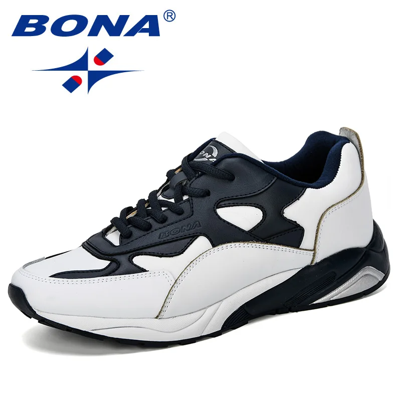White deep blue BONA/Новинка года; классические стильные мужские кроссовки; мужские кроссовки большого размера; кожаные мужские кроссовки; спортивная Уличная обувь для бега - Цвет: White deep blue