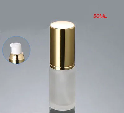 50pcs wholesale 50ml frost glass gold press pump bottle with gold alumunum cap , glass frost 50 ml empty lotion pump bottle