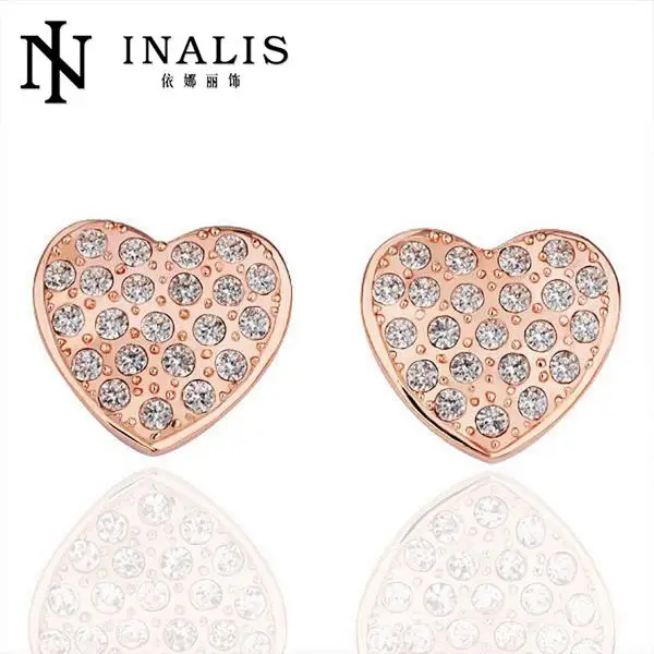 

INALIS Cute lovely heart Stud Earings Romantic Jewelry For Women Cubic zirconia Rhodium Color Brass Metal Lead Free E093
