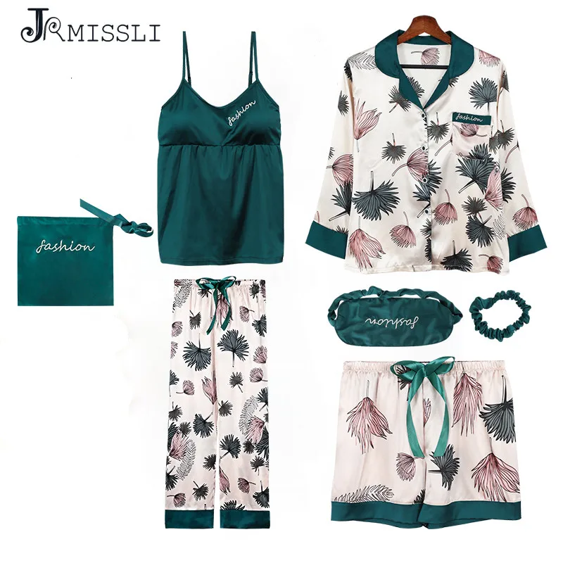 JRMISSLI Женская пижама с коротким рукавом 7 шт. атласная одежда для сна Pijama шелк
