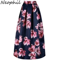 neophil flower floral print high waist 2021 fashion vintage satin muslim women pleated 100cm maxi long skirts saias longa ms1017