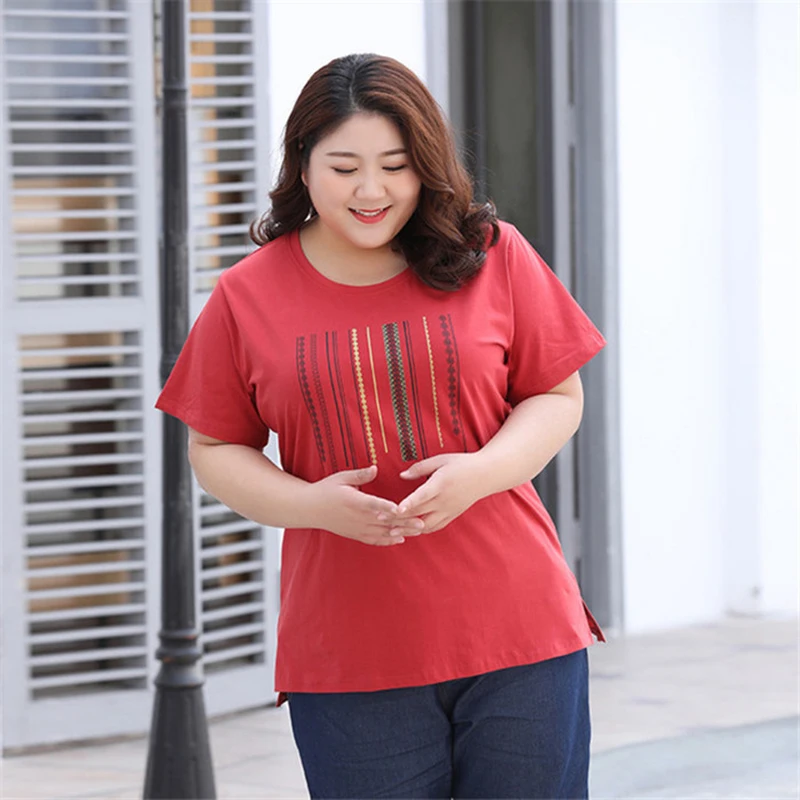 Размера плюс 3XL-7XL футболка топ Женская 2019 летняя хлопковая Футболка с круглым