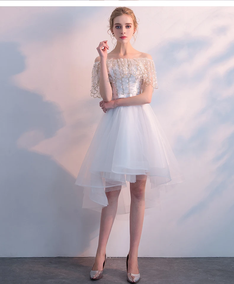 Robe de soiree новое белое кружевное платье с открытыми плечами вечернее платье короткое спереди длинное сзади платье для выпускного вечера