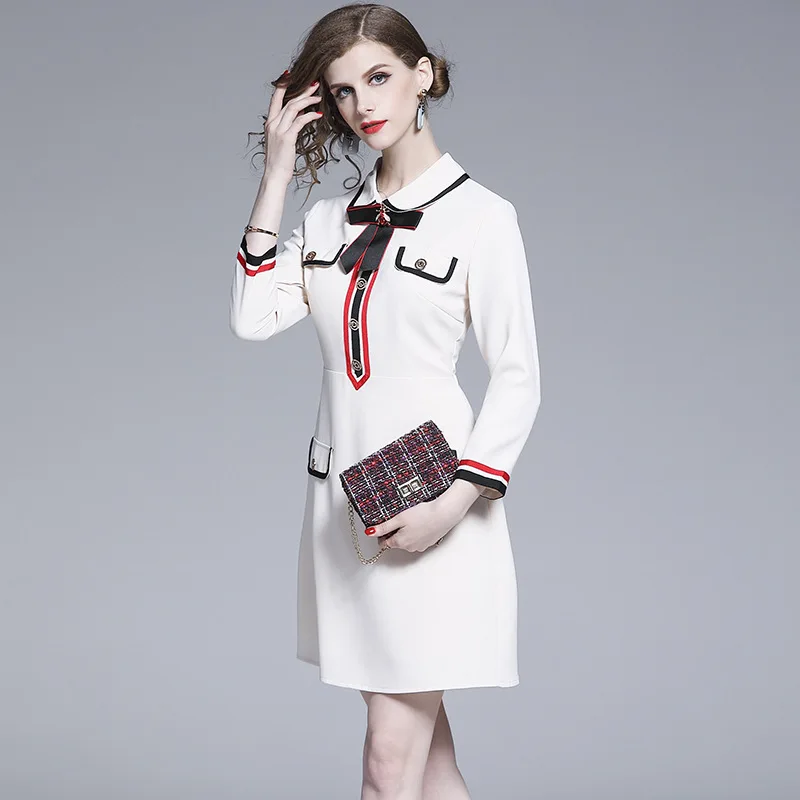 LISER Women Runway Designer White Dress 2019 Elegant Bow Autumn Mini Buttons Turn-down Collar High Quality Dresses Vestidos | Женская