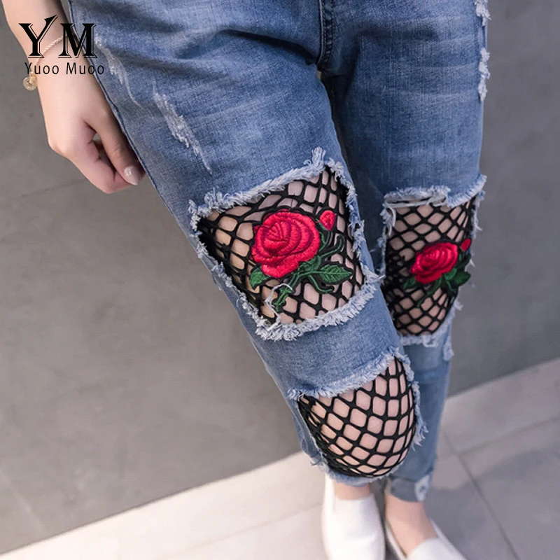 YuooMuoo New Hole Ripped Jeans for Women Fashion Net Design with Embroidery Rose Push Up Woman Denim Pants |