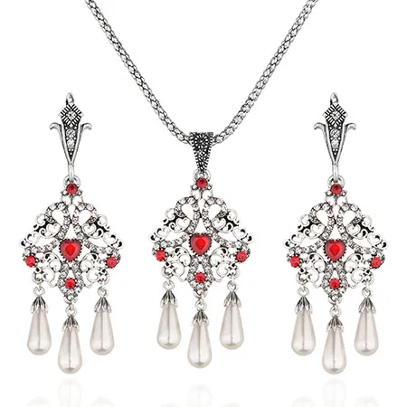12 silver red Турецкое ювелирное изделие, мозаичный зеленый красный топ, кристалл из смолы, тибетское серебряное свадебное ожерелье и жемчужный набор, ожерелье для девочек с подвесками - Окраска металла: 12 silver red
