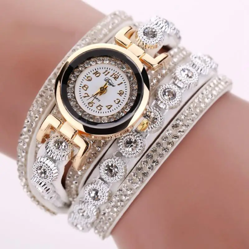 Роскошный кожаный браслет со стразами часы Топ Бренд Алмаз женские кварцевые
