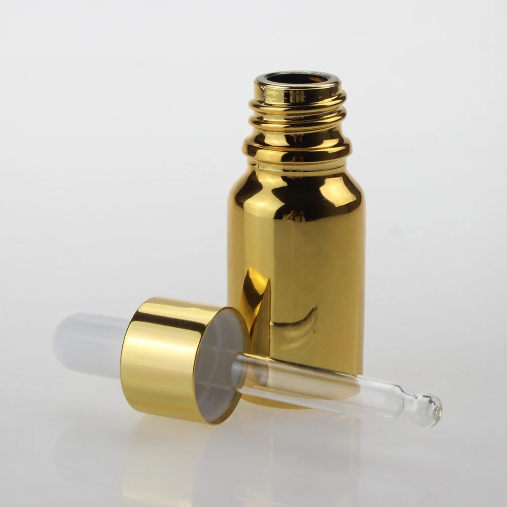 Luxury 10ml mini Glass Essential Oil Bottle, Gold And Silver Dropper Bottle With Aluminum