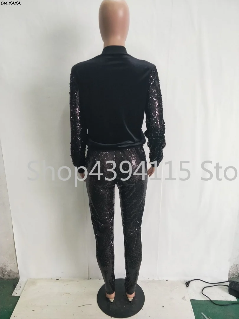 women new 2019 sequins splicing zip up top skinny pencil long pants suits two piece set party tracksuit outfit black | Женская одежда
