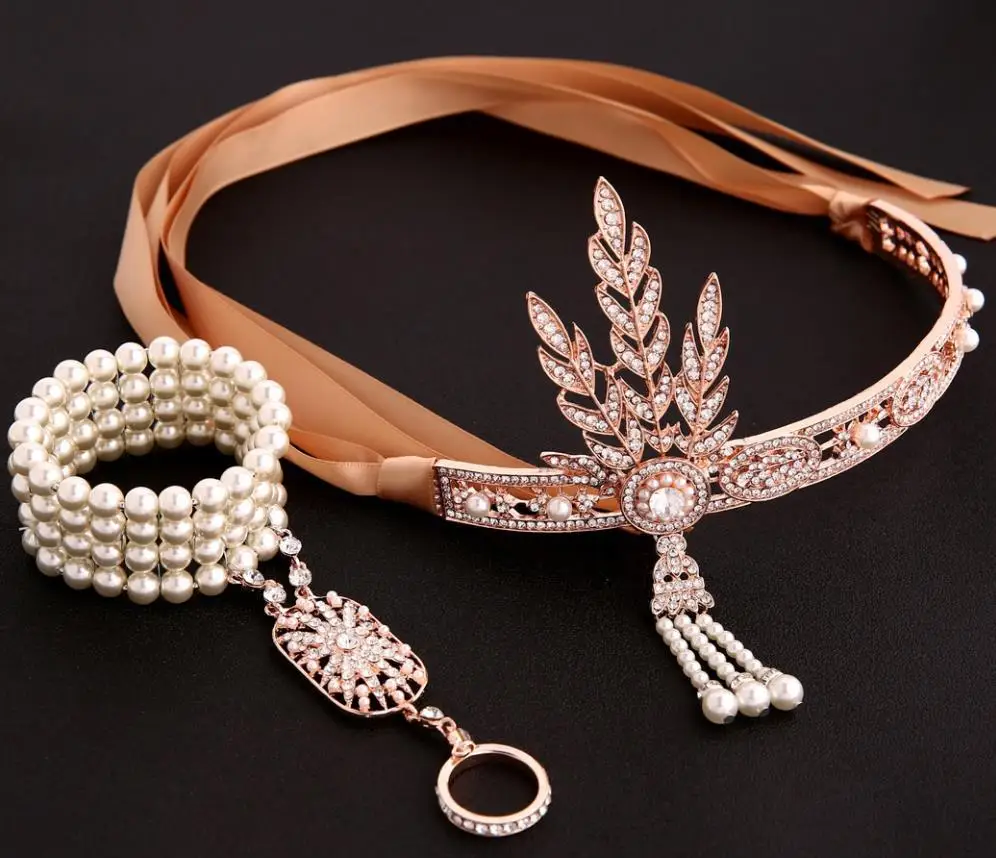 2Pcs Rose Set 1920s винтажная повязка на голову с кристаллами в виде листа Грейт Гэтсби, жемчужная, розовая, золотая, черная свадебная тиара и корона, головной убор для невесты, украшения для волос - Окраска металла: 2Pcs Rose Set