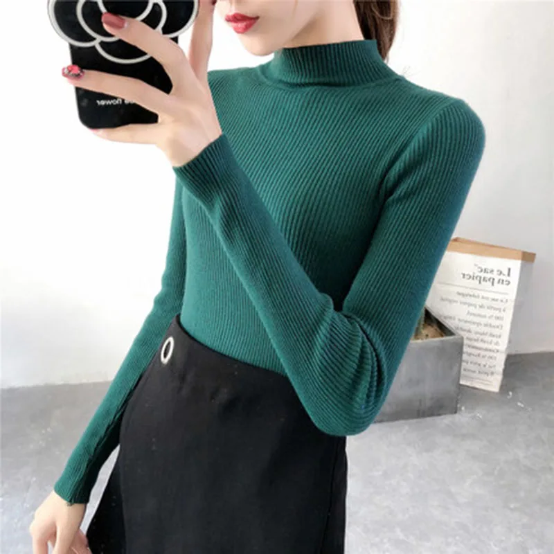 

2019 Autumn Winter Women Pullovers Sweater Knitted Elasticity Casual Jumper Fashion Slim Half high collar Warm Female Sweaters