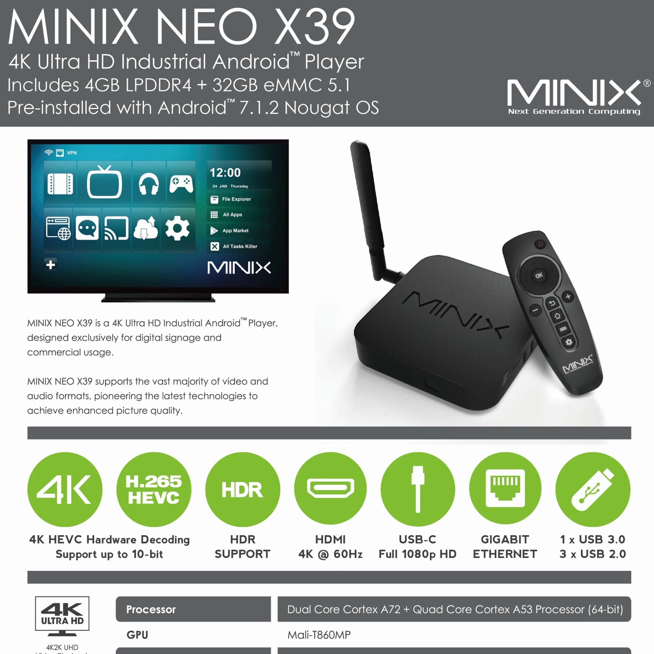 Промышленная ТВ приставка MINIX NEO X39 HDR/4K плеер 64 битный 4 ГБ/32 ГБ mit Android 7.1.2 с SOC RK3399